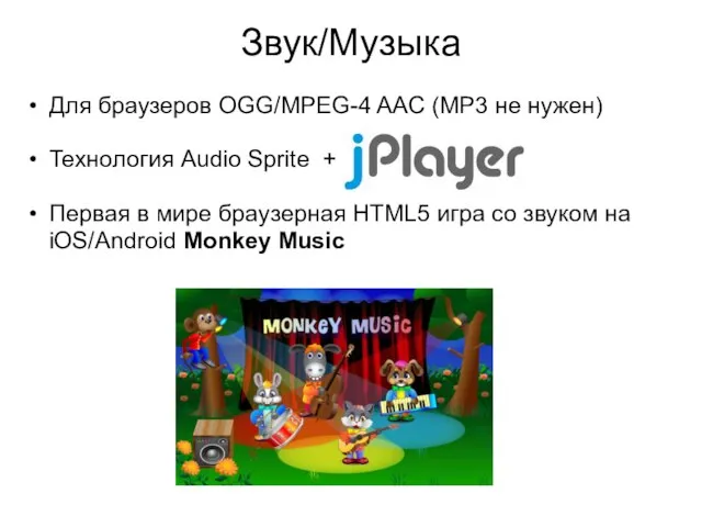 Звук/Музыка Для браузеров OGG/MPEG-4 AAC (MP3 не нужен) Технология Audio Sprite +