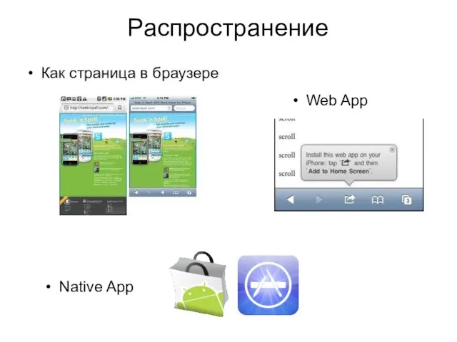 Распространение Как страница в браузере Web App Native App