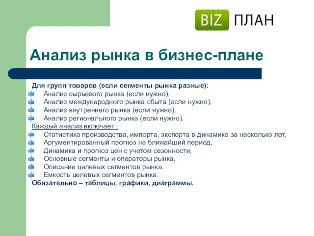 Анализ рынка в бизнес-плане Для групп товаров (если сегменты рынка разные): Анализ