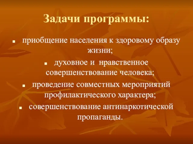 Задачи программы: приобщение населения к здоровому образу жизни; духовное и нравственное совершенствование