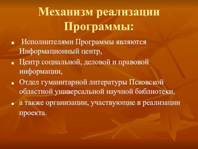 Механизм реализации Программы: Исполнителями Программы являются Информационный центр, Центр социальной, деловой и