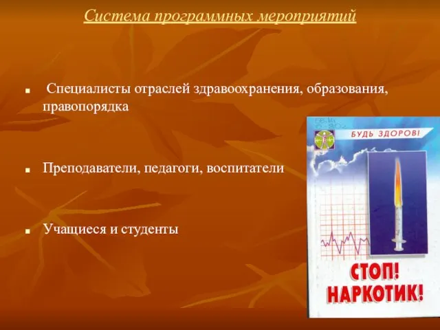 Система программных мероприятий Специалисты отраслей здравоохранения, образования, правопорядка Преподаватели, педагоги, воспитатели Учащиеся и студенты