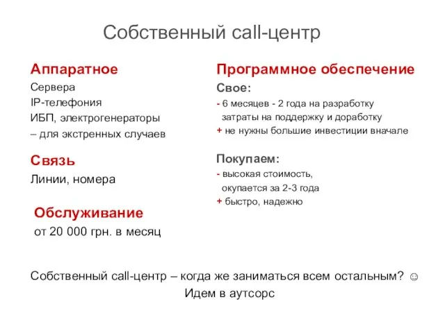 Аппаратное Сервера IP-телефония ИБП, электрогенераторы – для экстренных случаев Программное обеспечение Свое: