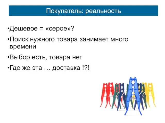 Покупатель: реальность Дешевое = «серое»? Поиск нужного товара занимает много времени Выбор