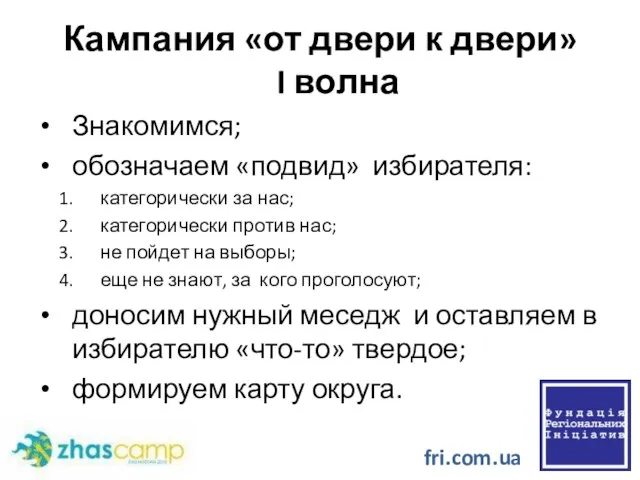 Кампания «от двери к двери» I волна Знакомимся; обозначаем «подвид» избирателя: категорически