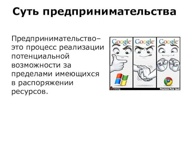 Суть предпринимательства Предпринимательство– это процесс реализации потенциальной возможности за пределами имеющихся в распоряжении ресурсов.