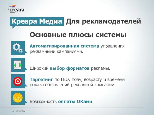 Креара Медиа Для рекламодателей Автоматизированная система управления рекламными кампаниями. Широкий выбор форматов