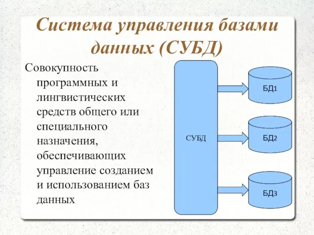 БД2 Система управления базами данных (СУБД) Совокупность программных и лингвистических средств общего