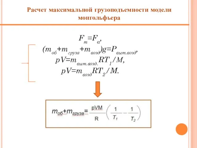 Fт=Fa, (mоб+mгруза+mвозд)g=Pвыт.возд, pV=mвыт.возд.RT1/Μ, pV=mвоздRT2/M. Расчет максимальной грузоподъемности модели монгольфьера