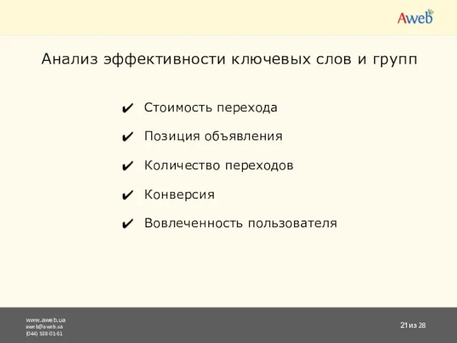www.aweb.ua aweb@aweb.ua (044) 538-01-61 из 28 Анализ эффективности ключевых слов и групп