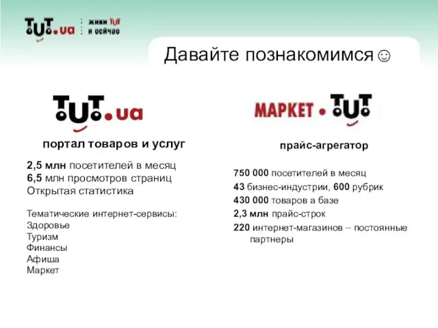 Давайте познакомимся☺ портал товаров и услуг 2,5 млн посетителей в месяц 6,5