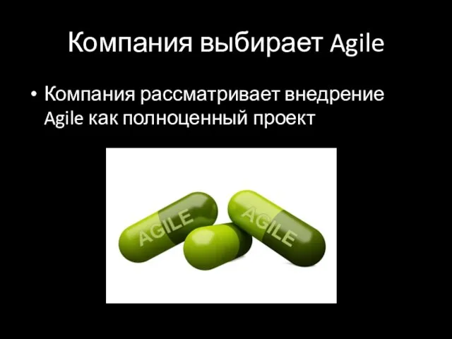 Компания выбирает Agile Компания рассматривает внедрение Agile как полноценный проект