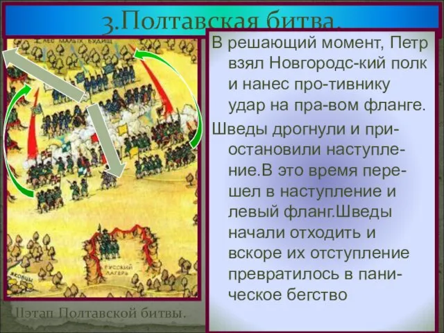 3.Полтавская битва. Петр I,решил,что против нику нанесен доста-точный урон, и отвел войска