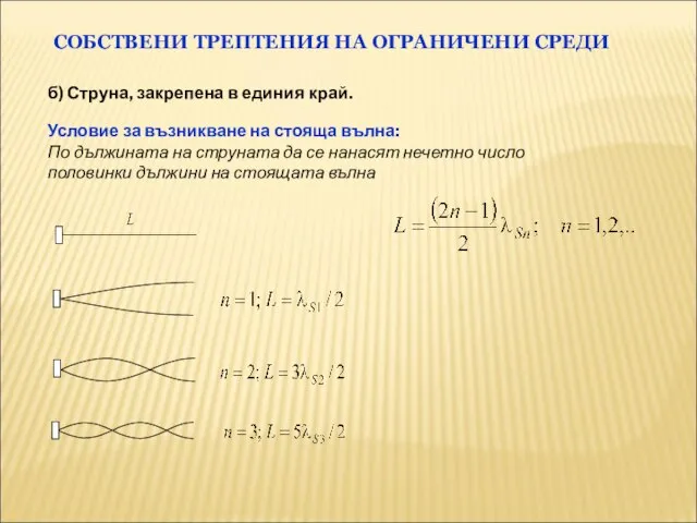 СОБСТВЕНИ ТРЕПТЕНИЯ НА ОГРАНИЧЕНИ СРЕДИ б) Струна, закрепена в единия край. Условие