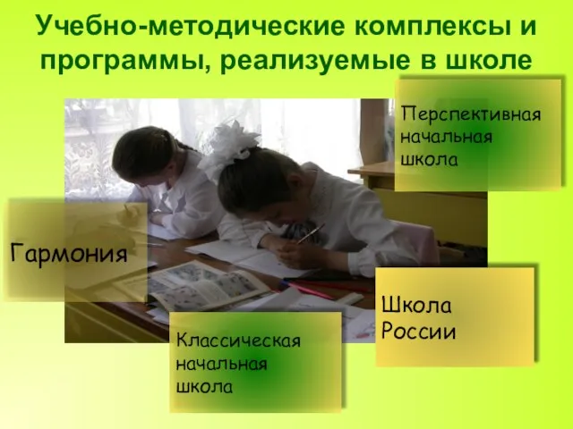 Учебно-методические комплексы и программы, реализуемые в школе Гармония Школа России Классическая начальная школа Перспективная начальная школа