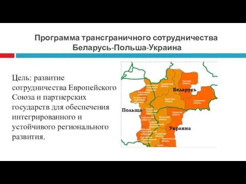 Программа трансграничного сотрудничества Беларусь-Польша-Украина Цель: развитие сотрудничества Европейского Союза и партнерских государств