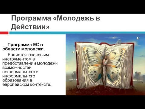 Программа «Молодежь в Действии» Программа ЕС в области молодежи. Является ключевым инструментом