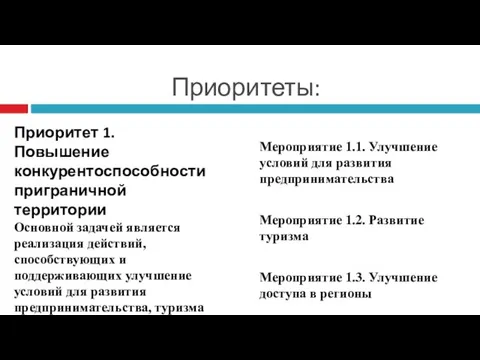 Приоритеты: Приоритет 1. Повышение конкурентоспособности приграничной территории Основной задачей является реализация действий,