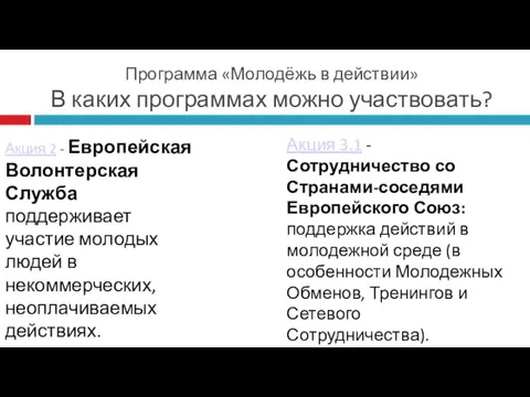 Программа «Молодёжь в действии» В каких программах можно участвовать? Акция 2 -