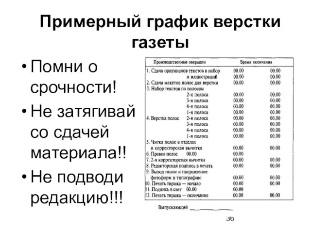 Примерный график верстки газеты Помни о срочности! Не затягивай со сдачей материала!! Не подводи редакцию!!!