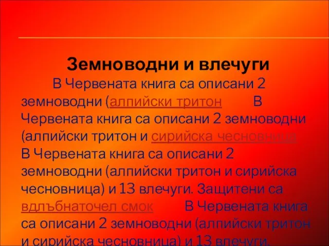 Земноводни и влечуги В Червената книга са описани 2 земноводни (алпийски тритон