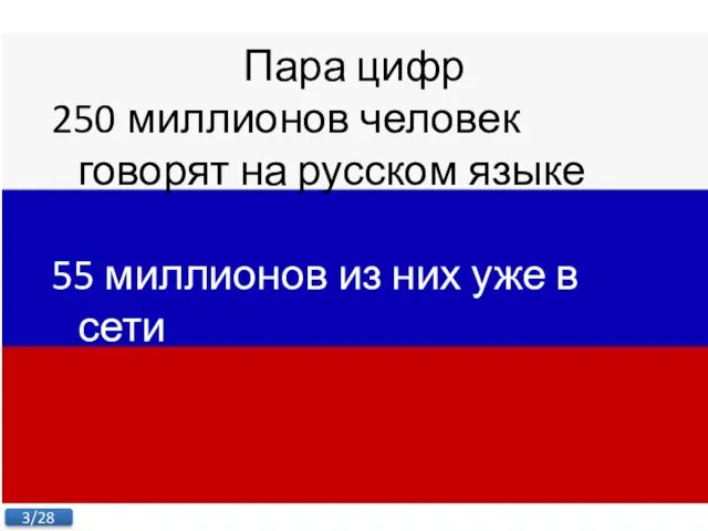 Пара цифр 250 миллионов человек говорят на русском языке 55 миллионов из них уже в сети