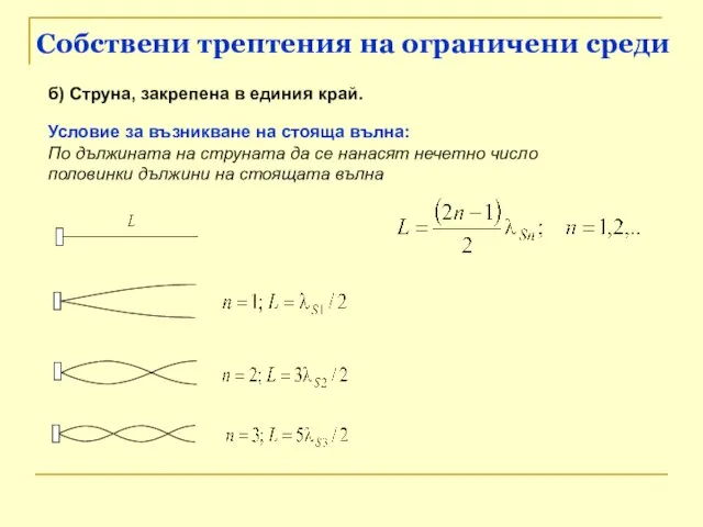 Собствени трептения на ограничени среди б) Струна, закрепена в единия край. Условие