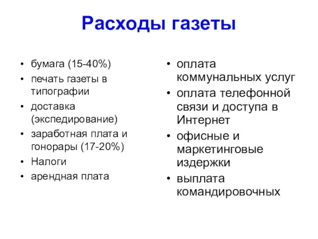 Расходы газеты бумага (15-40%) печать газеты в типографии доставка (экспедирование) заработная плата