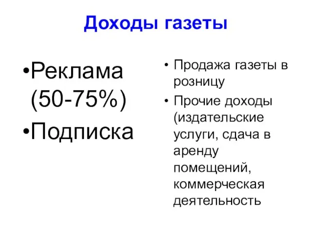 Доходы газеты Реклама (50-75%) Подписка Продажа газеты в розницу Прочие доходы (издательские