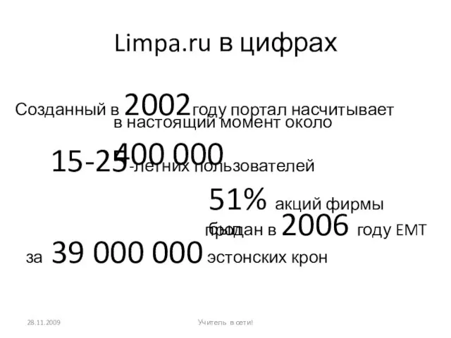 Limpa.ru в цифрах за 39 000 000 эстонских крон 28.11.2009 Учитель в