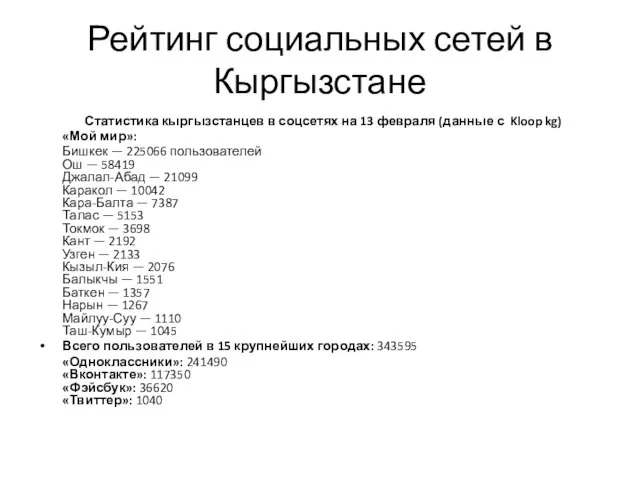 Рейтинг социальных сетей в Кыргызстане Статистика кыргызстанцев в соцсетях на 13 февраля