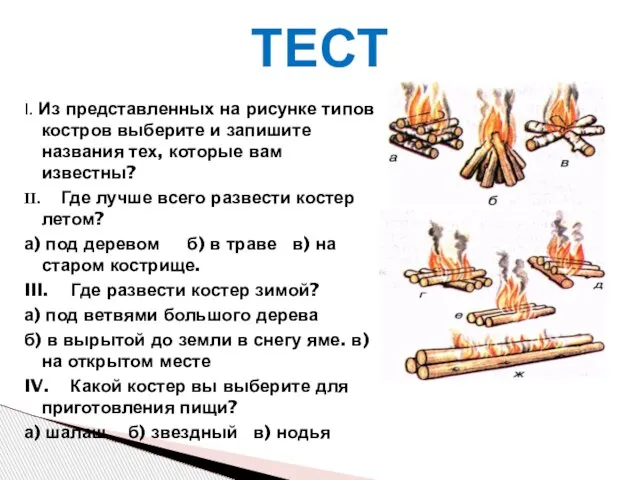 ТЕСТ I. Из представленных на рисунке типов костров выберите и запишите названия