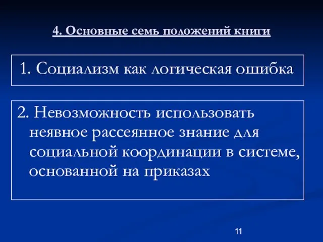 4. Основные семь положений книги 1. Социализм как логическая ошибка 2. Невозможность