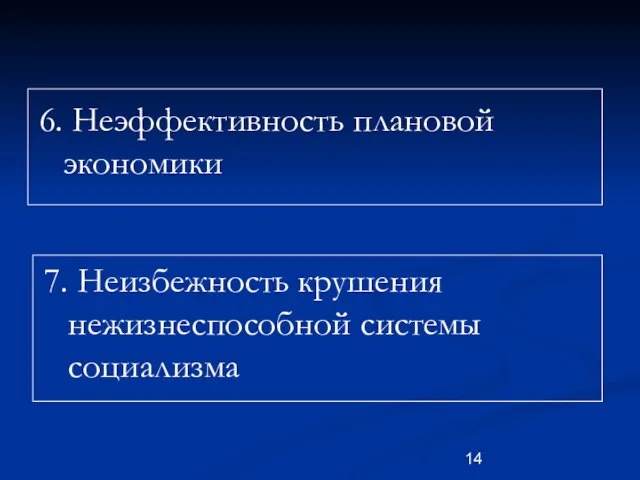 6. Неэффективность плановой экономики 7. Неизбежность крушения нежизнеспособной системы социализма