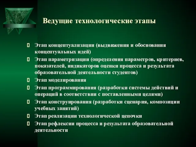 Ведущие технологические этапы Этап концептуализации (выдвижения и обоснования концептуальных идей) Этап параметризации