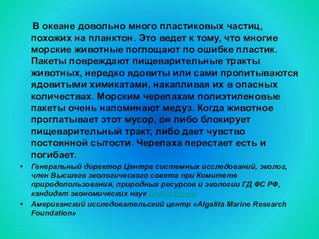 В океане довольно много пластиковых частиц, похожих на планктон. Это ведет к