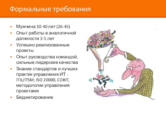 Формальные требования Мужчина 30-40 лет (26-45) Опыт работы в аналогичной должности 3-5