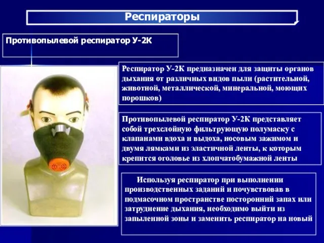 Респираторы Противопылевой респиратор У-2К Респиратор У-2К предназначен для защиты органов дыхания от