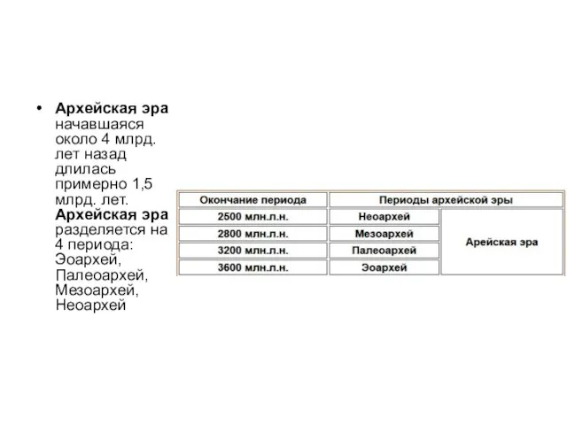 Архейская эра начавшаяся около 4 млрд. лет назад длилась примерно 1,5 млрд.