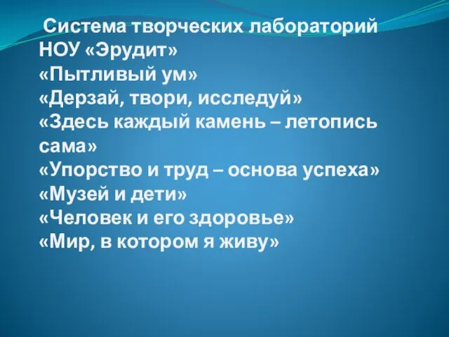 Система творческих лабораторий НОУ «Эрудит» «Пытливый ум» «Дерзай, твори, исследуй» «Здесь каждый