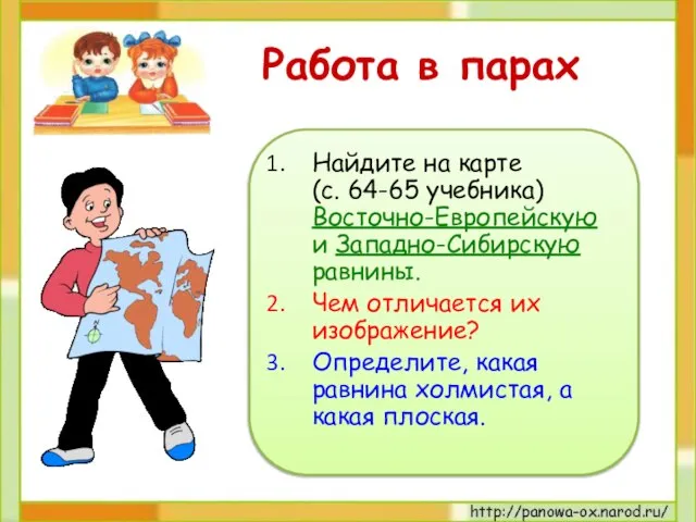 Работа в парах Найдите на карте (с. 64-65 учебника) Восточно-Европейскую и Западно-Сибирскую