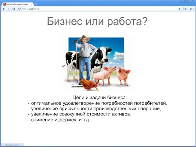 Бизнес или работа? Цели и задачи бизнеса: - оптимальное удовлетворение потребностей потребителей,