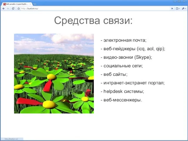 Средства связи: - электронная почта; - веб-пейджеры (icq, aol, qip); - видео-звонки