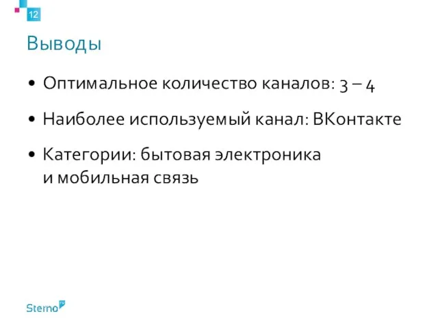 Выводы Оптимальное количество каналов: 3 – 4 Наиболее используемый канал: ВКонтакте Категории: