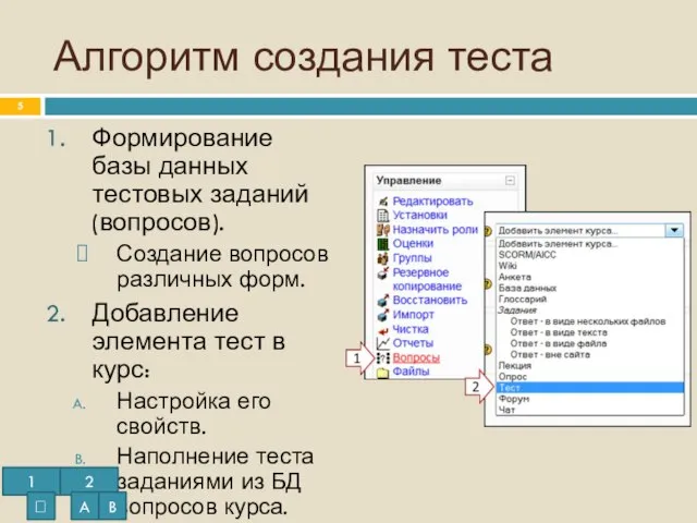 Алгоритм создания теста Формирование базы данных тестовых заданий (вопросов). Создание вопросов различных