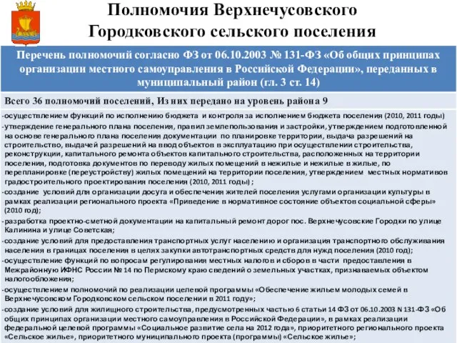 Полномочия Верхнечусовского Городковского сельского поселения