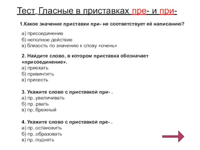 Тест. Гласные в приставках пре- и при- 1.Какое значение приставки при- не