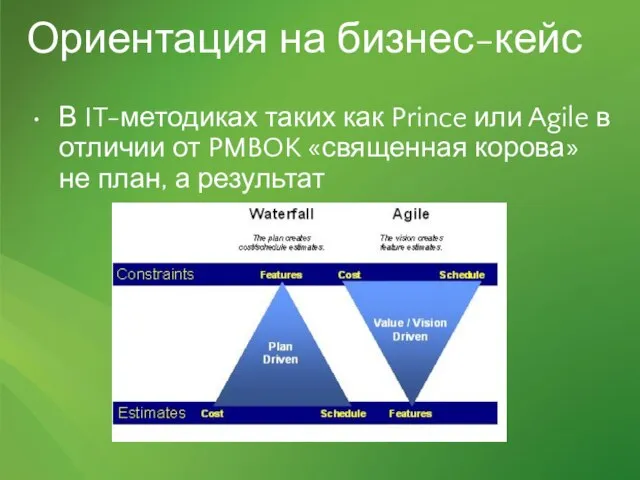 Ориентация на бизнес-кейс В IT-методиках таких как Prince или Agile в отличии