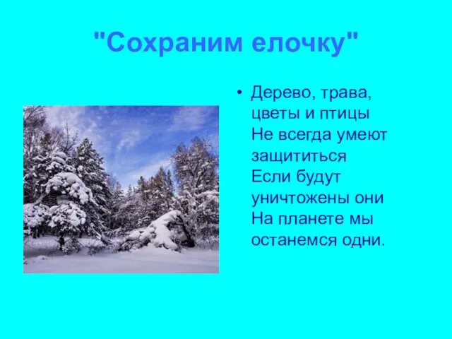 "Сохраним елочку" Дерево, трава, цветы и птицы Не всегда умеют защититься Если