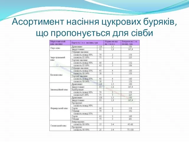 Асортимент насіння цукрових буряків, що пропонується для сівби